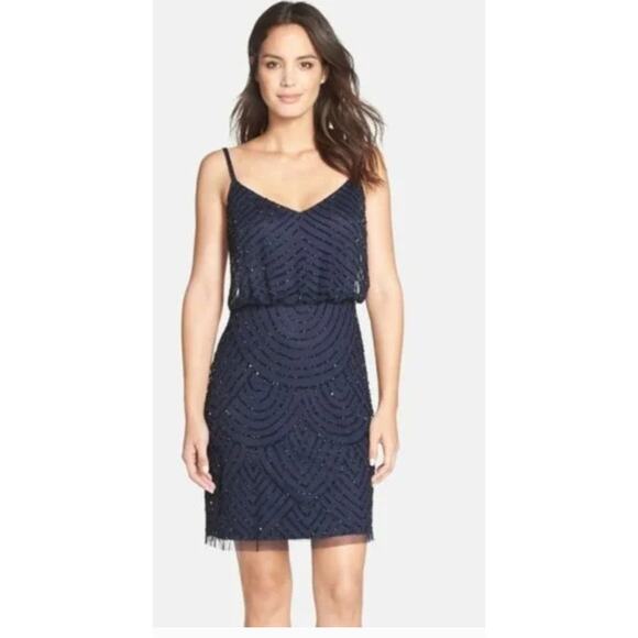 Adrianna Papell Navy Sequin Beaded Spaghetti Strap Mini Dress Size 2 - Picture 1 of 13